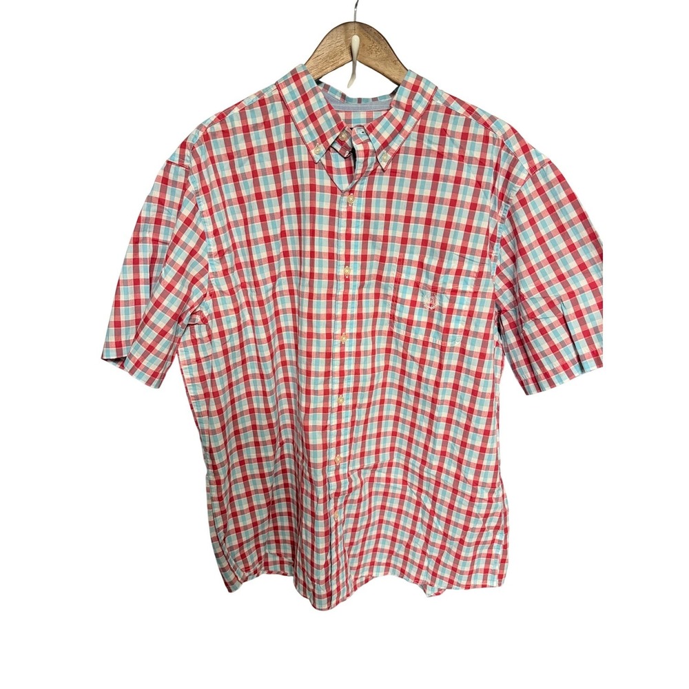 Chaps Easy Care Shirt Mens XXL Blue Red Plaid Check Short Sleeve Button Down‎